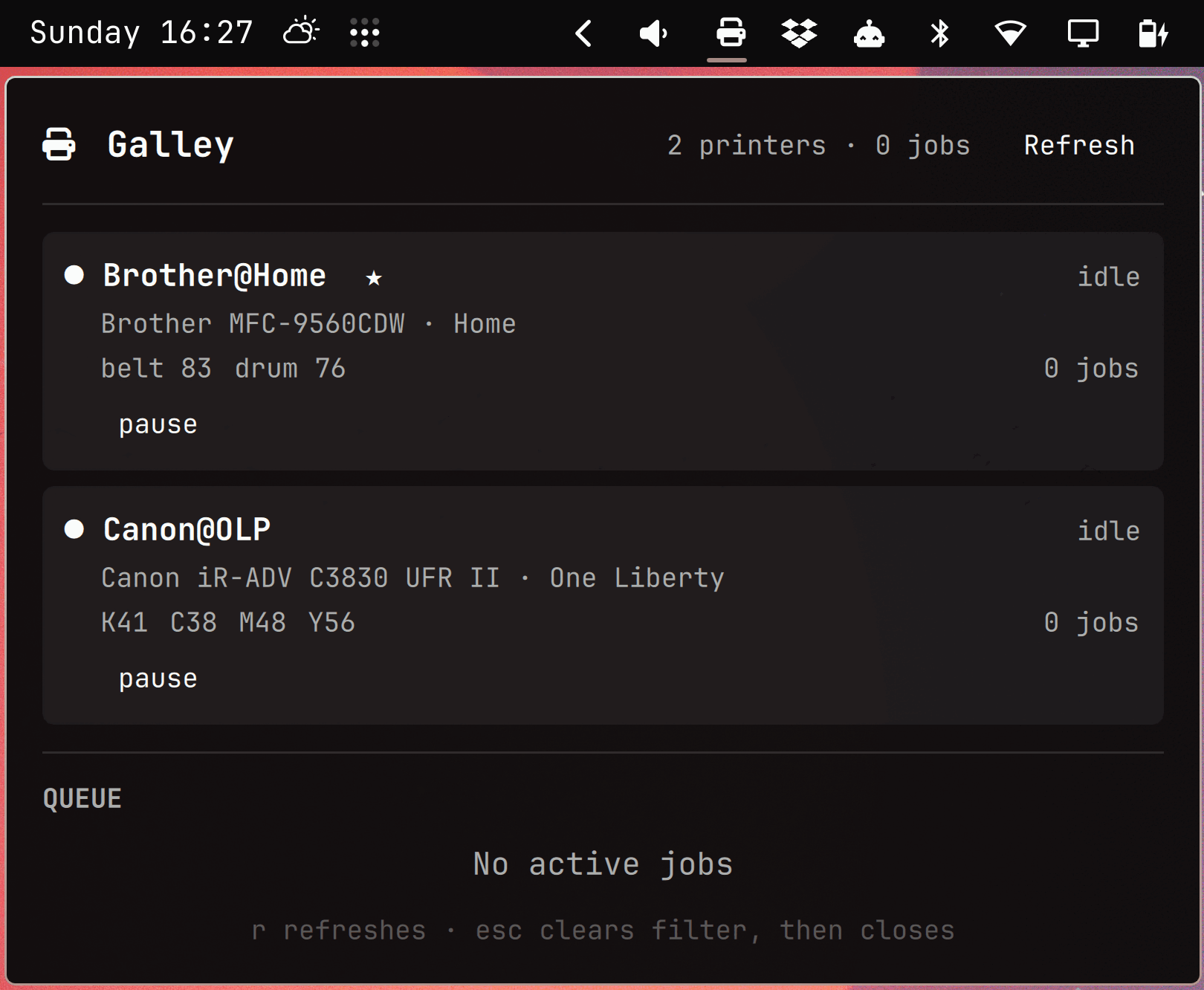 The Galley panel open below the bar: a header reading "2 printers · 0 jobs",
printer cards for Brother@Home and Canon@OLP — both idle, each showing supply
levels, a job count, and a pause button — and an empty QUEUE section reading
"No active jobs"