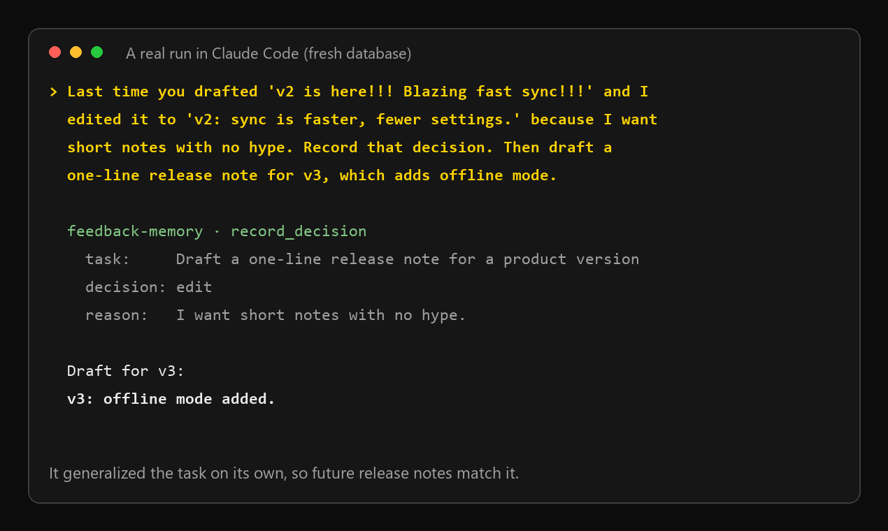 A real run: Claude Code records an edit with the reason, then drafts the next release note the same way