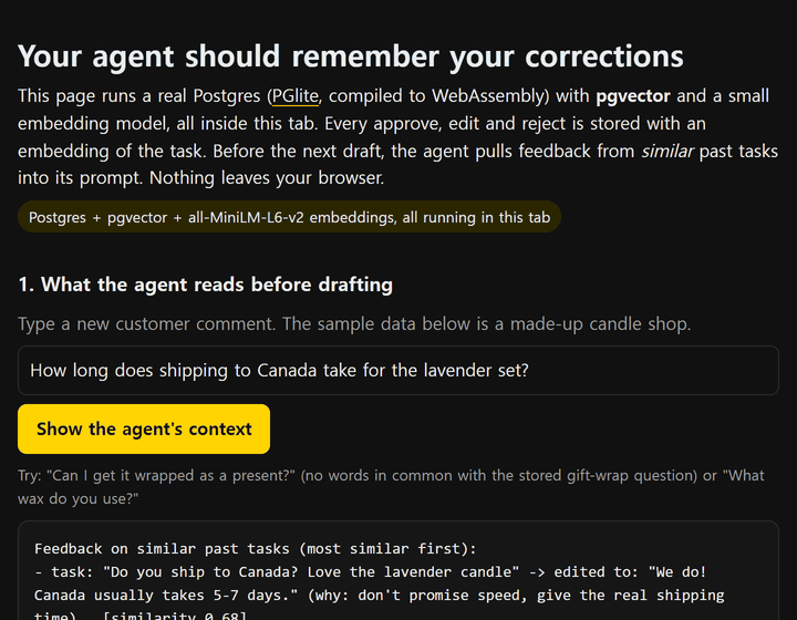 Browser demo: "Can I get it wrapped as a present?" pulls in the earlier gift-wrap rejection with no words in common; after storing an edit about unscented candles, a new unscented question pulls in that correction