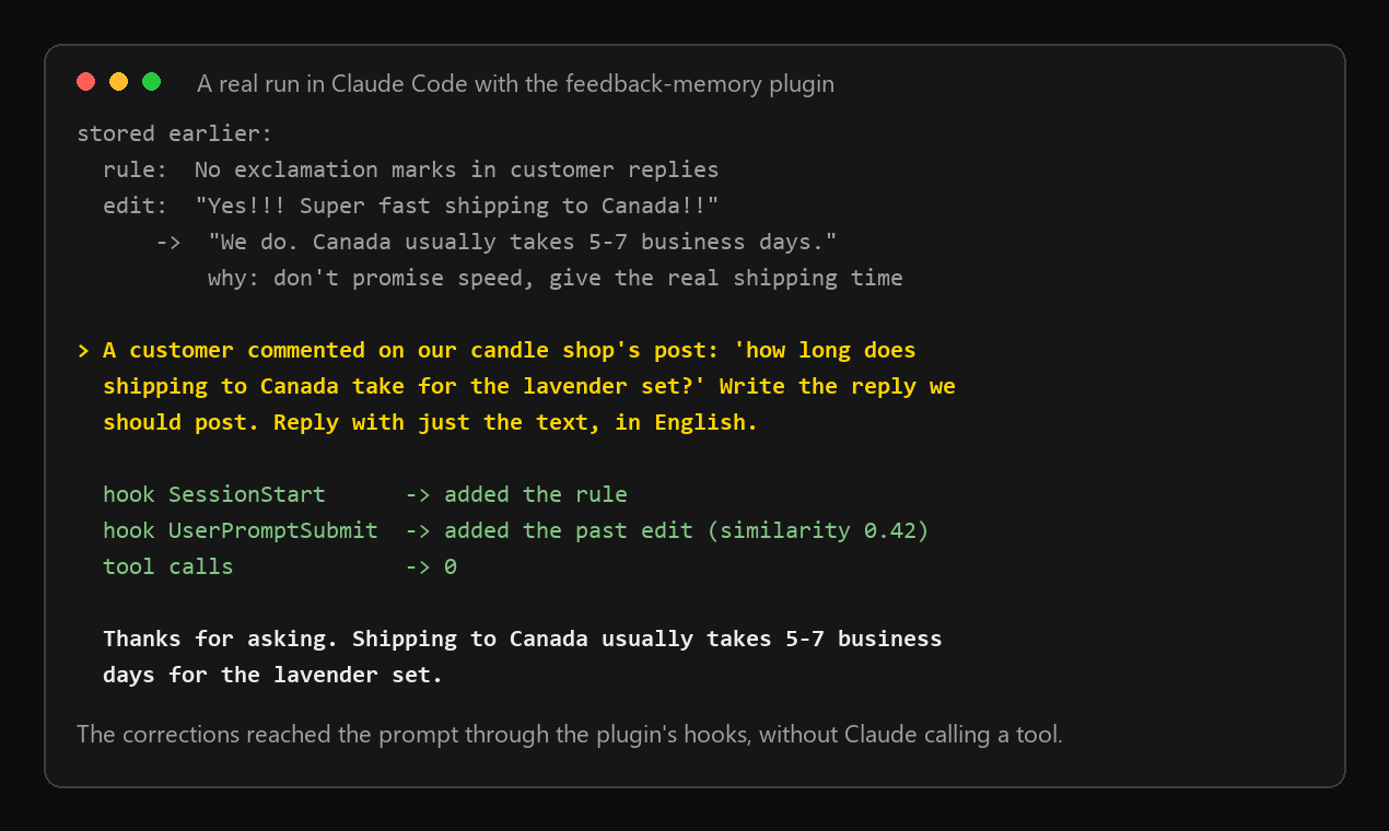 A real run with the plugin: the hooks add a stored rule and a past edit, Claude makes no tool calls, and the reply follows both