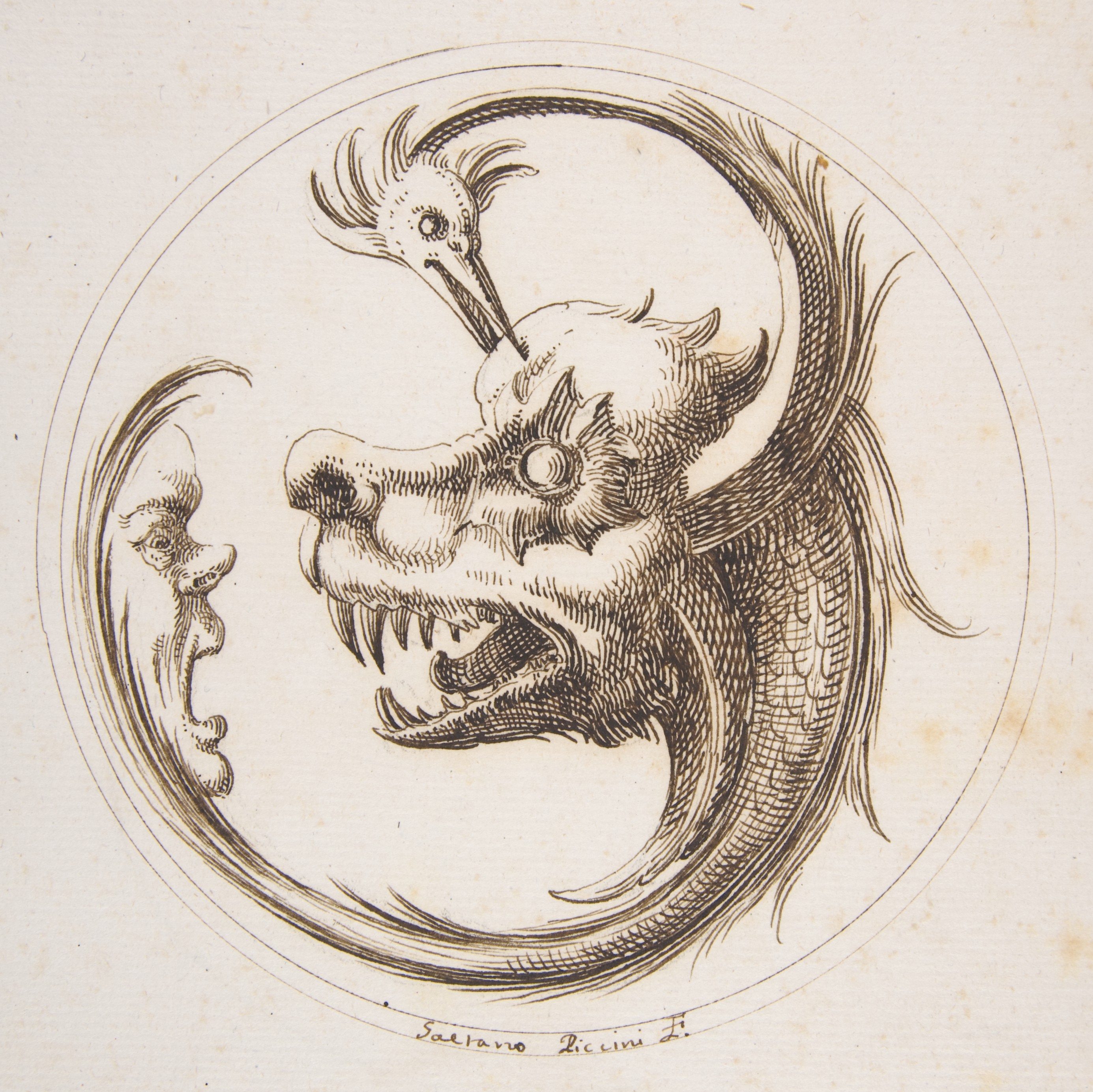 Two Beasts and a Human Mask within a Circle, Gaetano Piccini (1727)