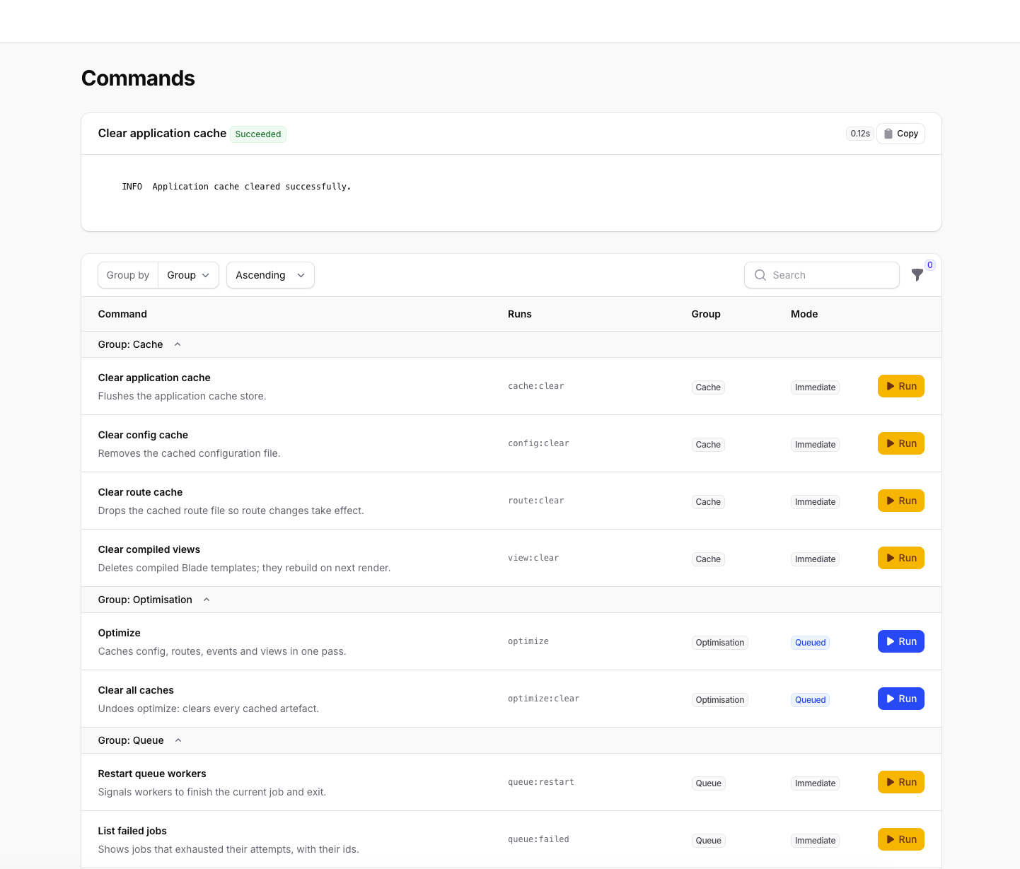 The command catalogue, with a finished run above it