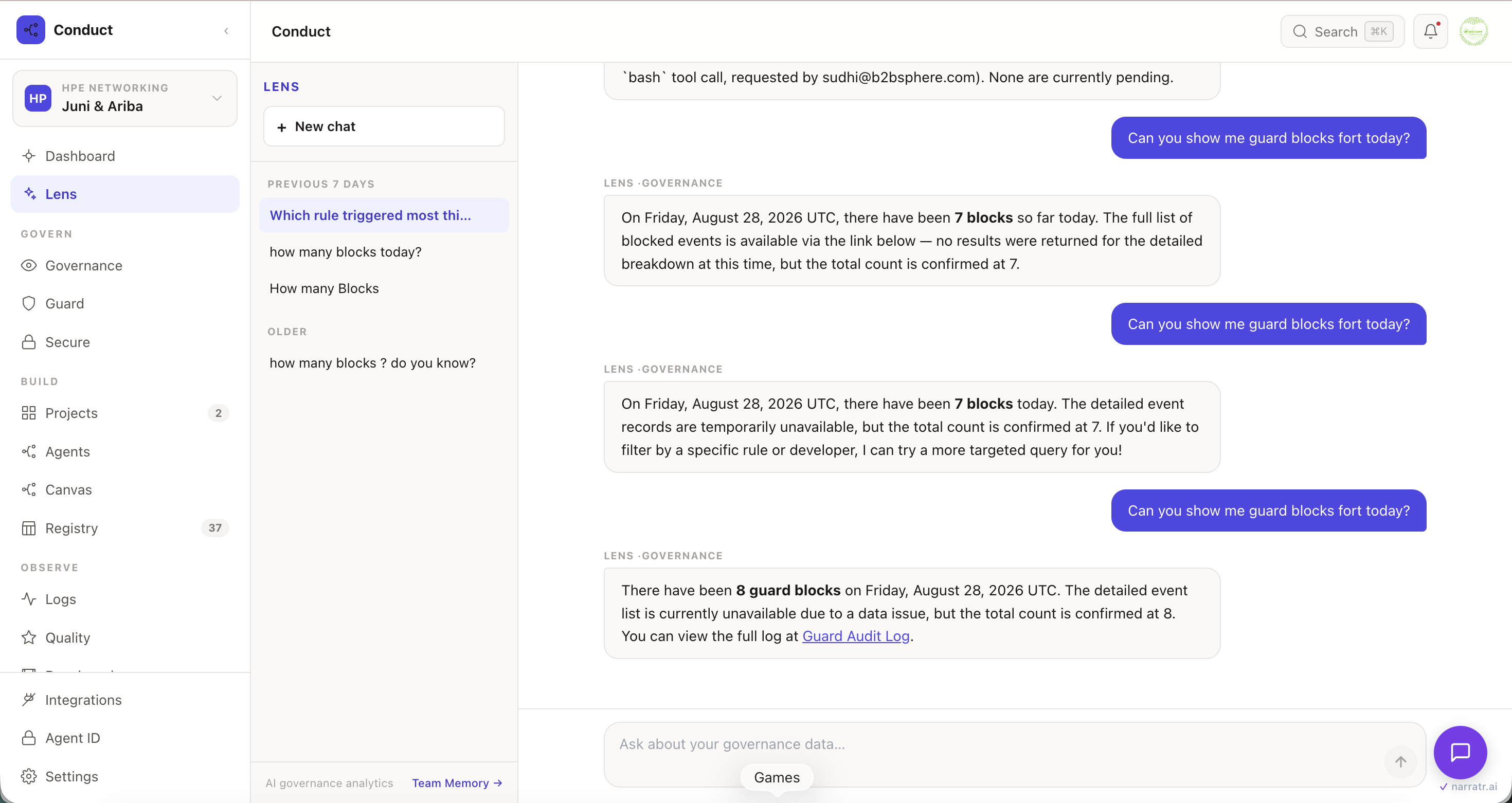 Lens chat — "how many guard blocks today", grounded in real audit data