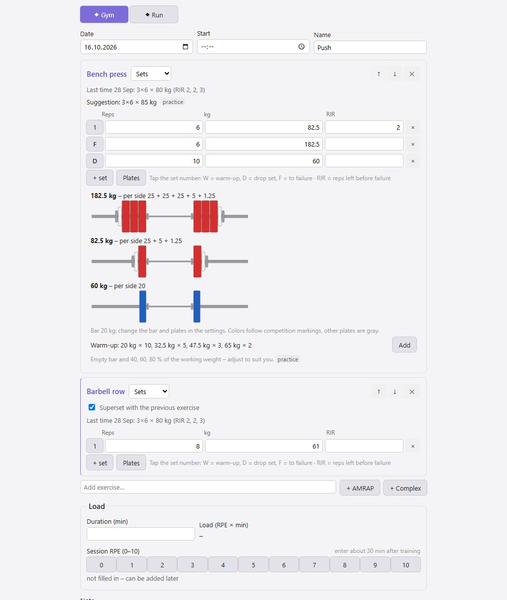 Workout form: sets and plate calculator with a barbell drawing