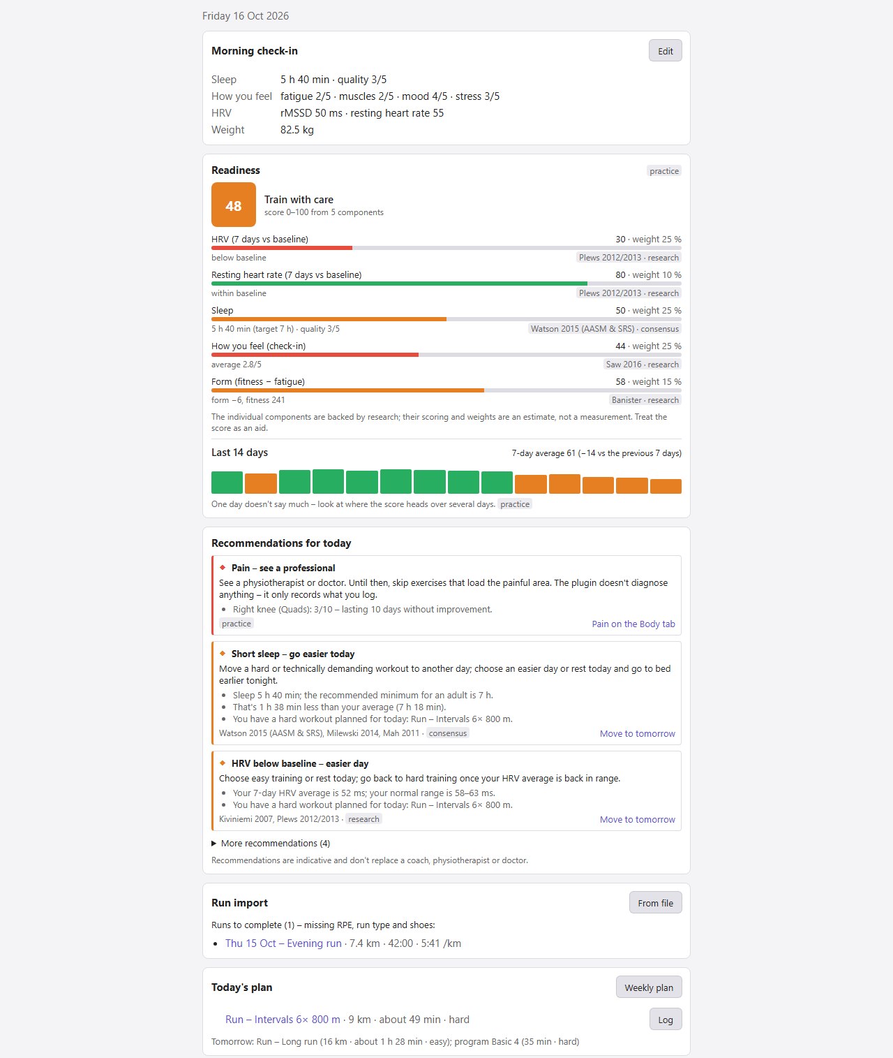Today tab: morning check-in, readiness with breakdown and trend, recommendations for today