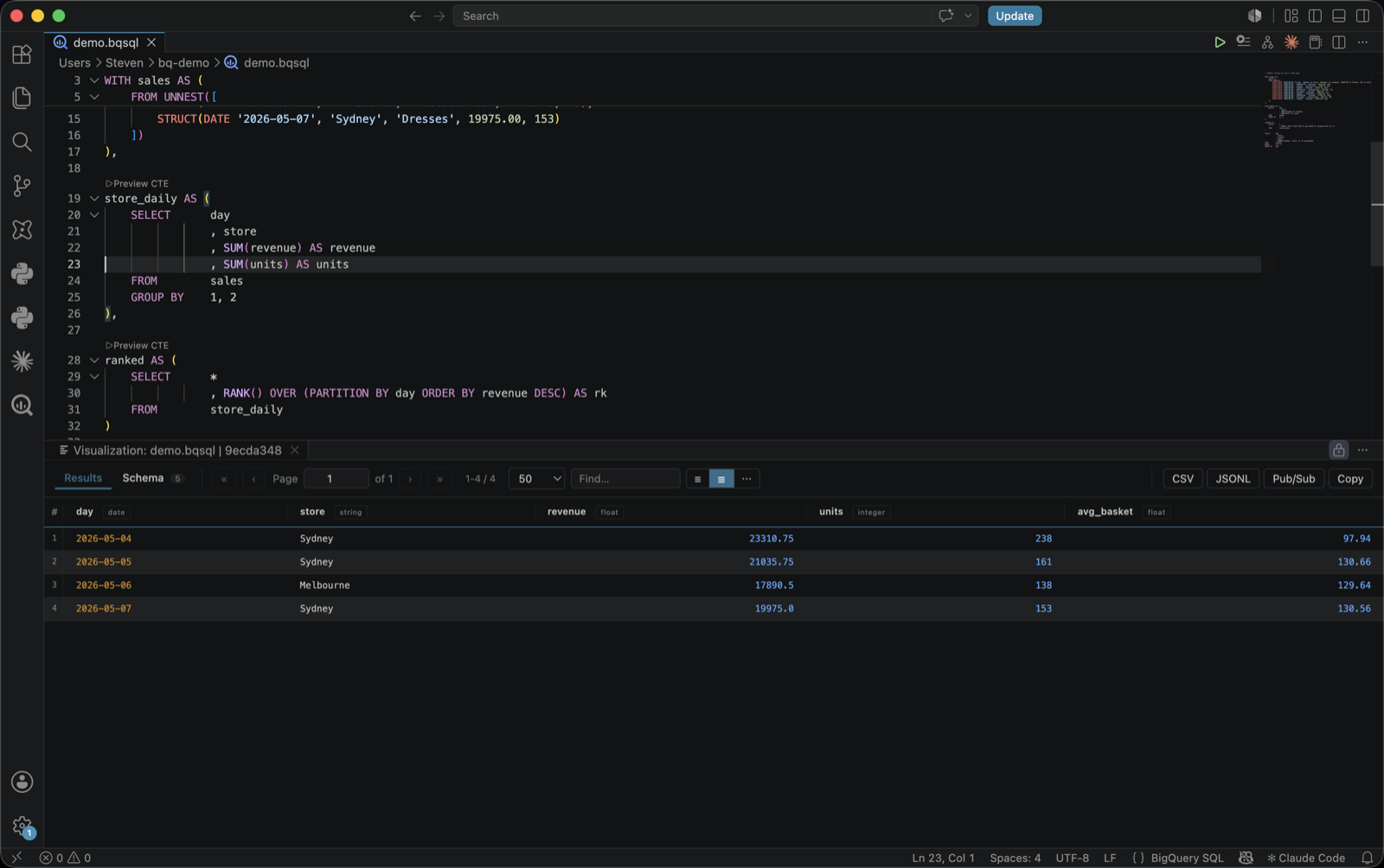 BigQuery Studio — query editor with CTE preview CodeLens and results grid