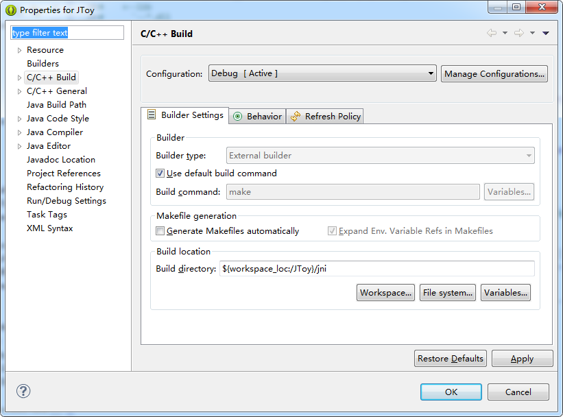 C++ project Settings with a custom makefile using the CDT