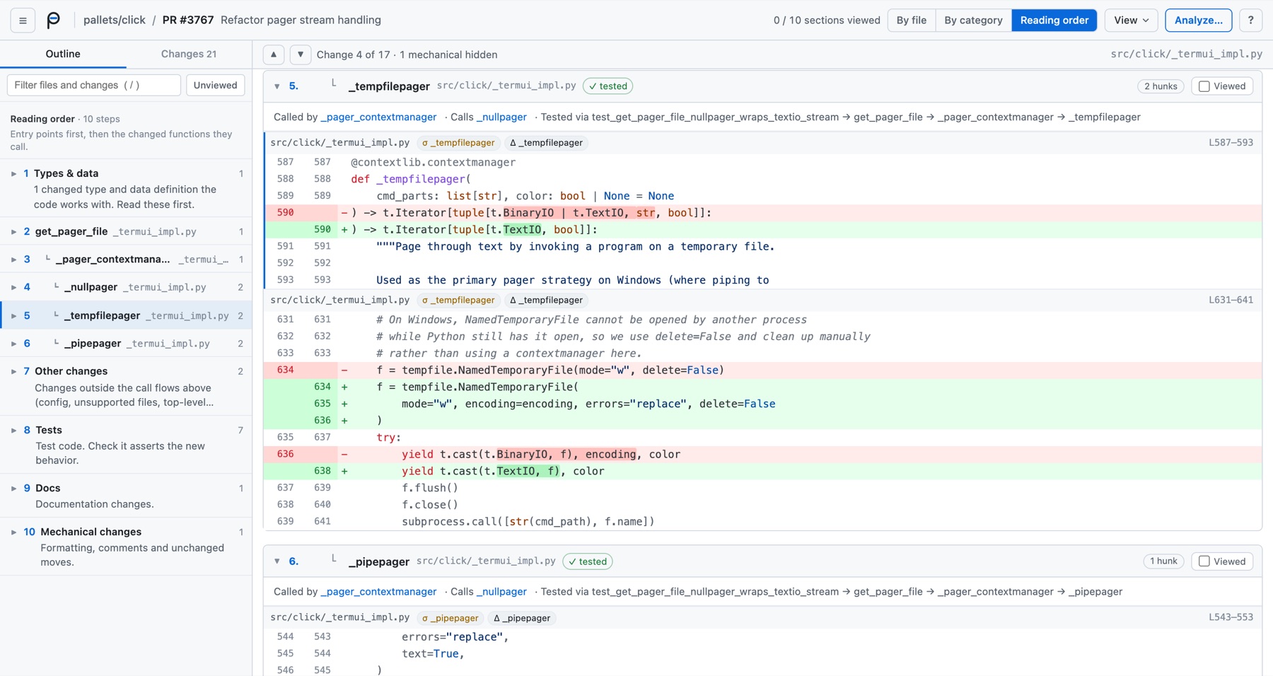 Reading order for pallets/click#3767: get_pager_file, then the pager context manager and the pagers it calls, each with the test path that reaches it