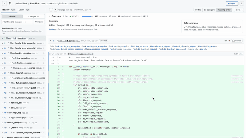 Learn demo: an architecture diagram for Flask's context passing, a slider showing how lipgloss clips layers drawn at absolute bounds, an animation of a late WebSocket Pong in uvicorn, and quiz answers with their explanations