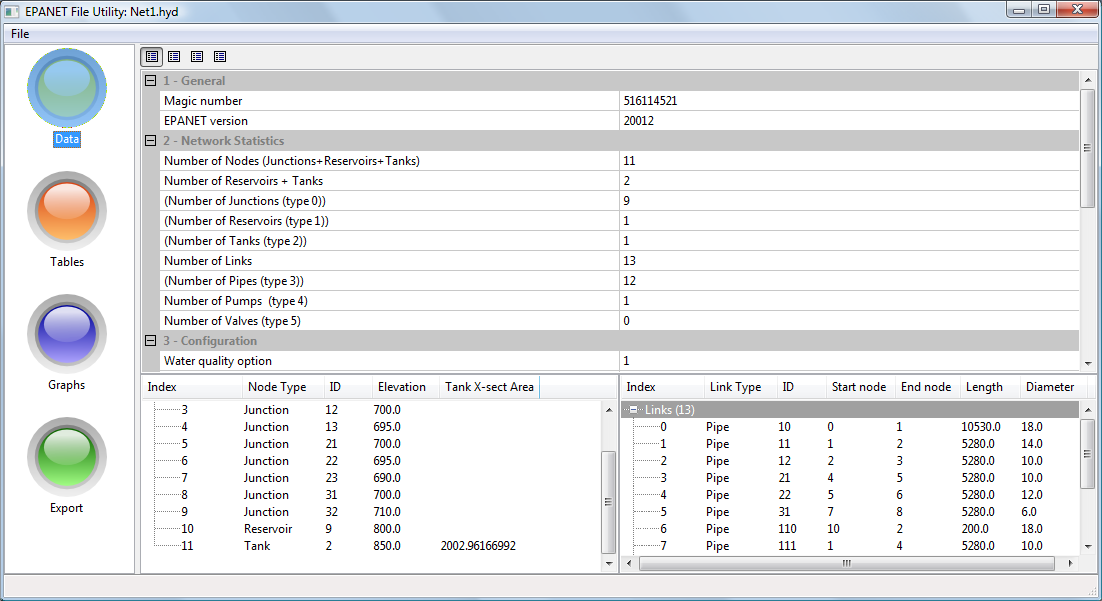 EPANETFileUtility Data Page Screenshot