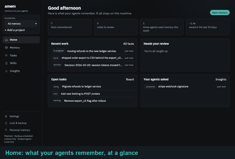 amem dashboard: Home, Memory and Tasks