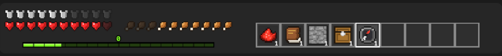 BlockHUD above the prompt: armor, hearts, food, XP bar and a hotbar of tools in use