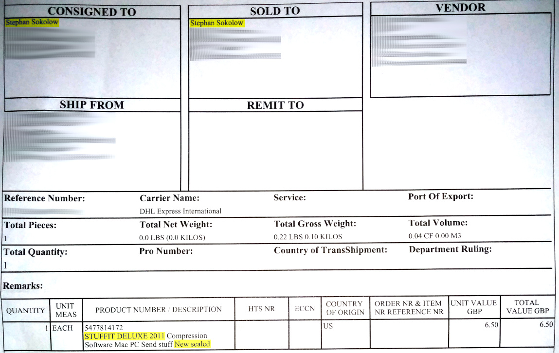 Invoice for Stuffit Deluxe 2011 CD