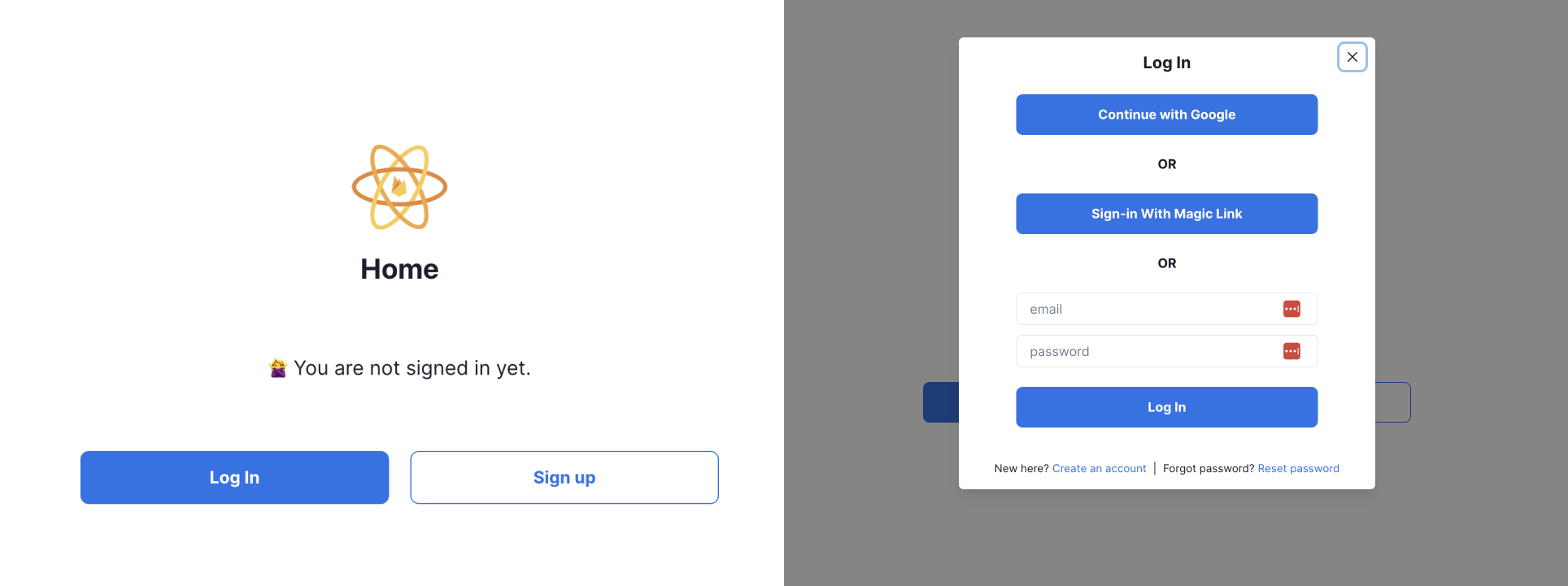 Preview of the home page and modal in sign-in view