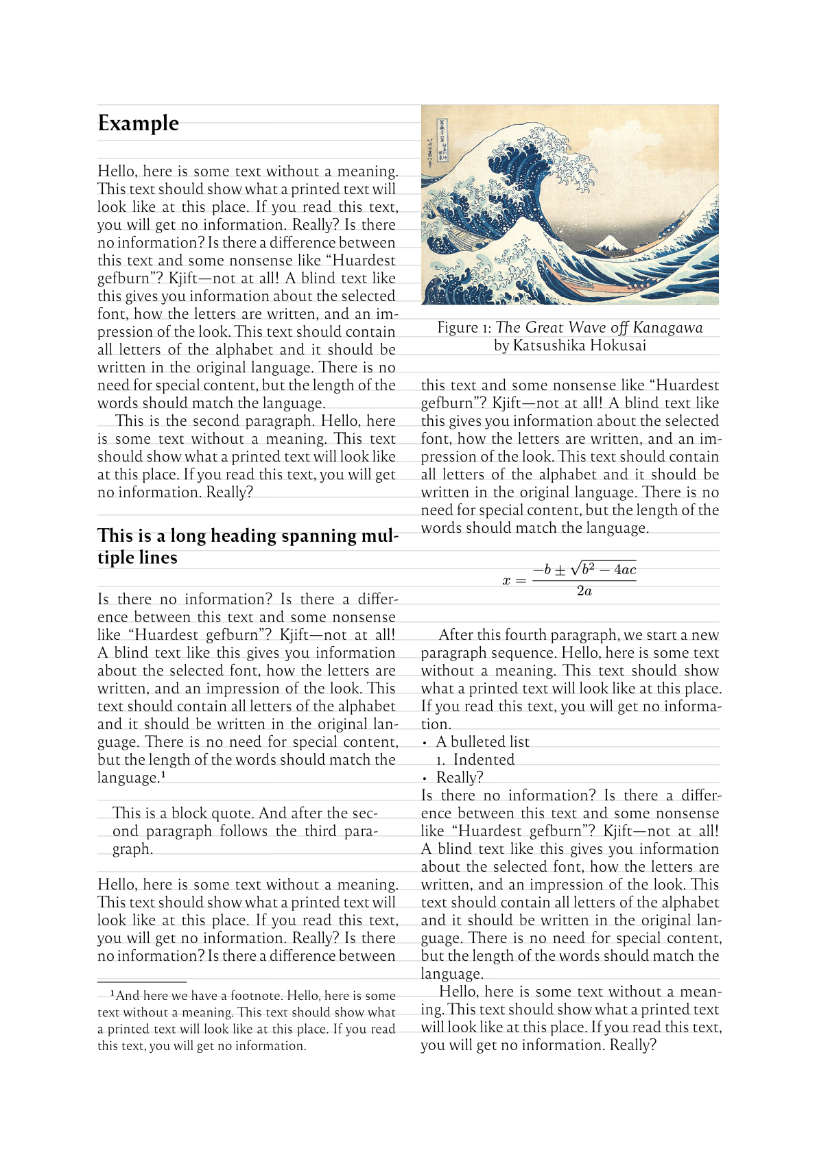 An example image showing a two-column page with headings, a block quote, a footnote, a figure, a display formula, and a bulleted list. All body text in both columns lines up.