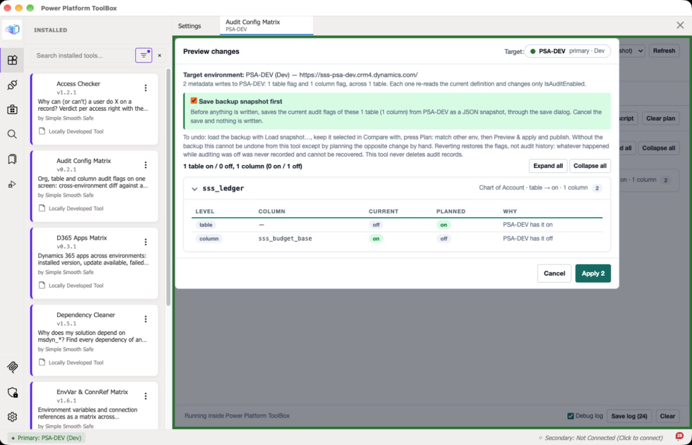 Preview from Plan: match other env, naming the target environment and saving a backup first