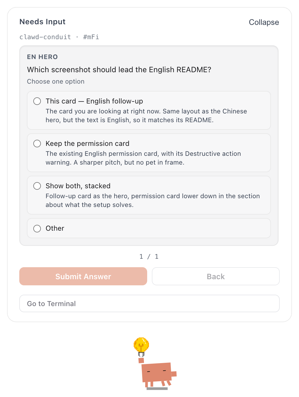 Follow-up question card above the pet, in English