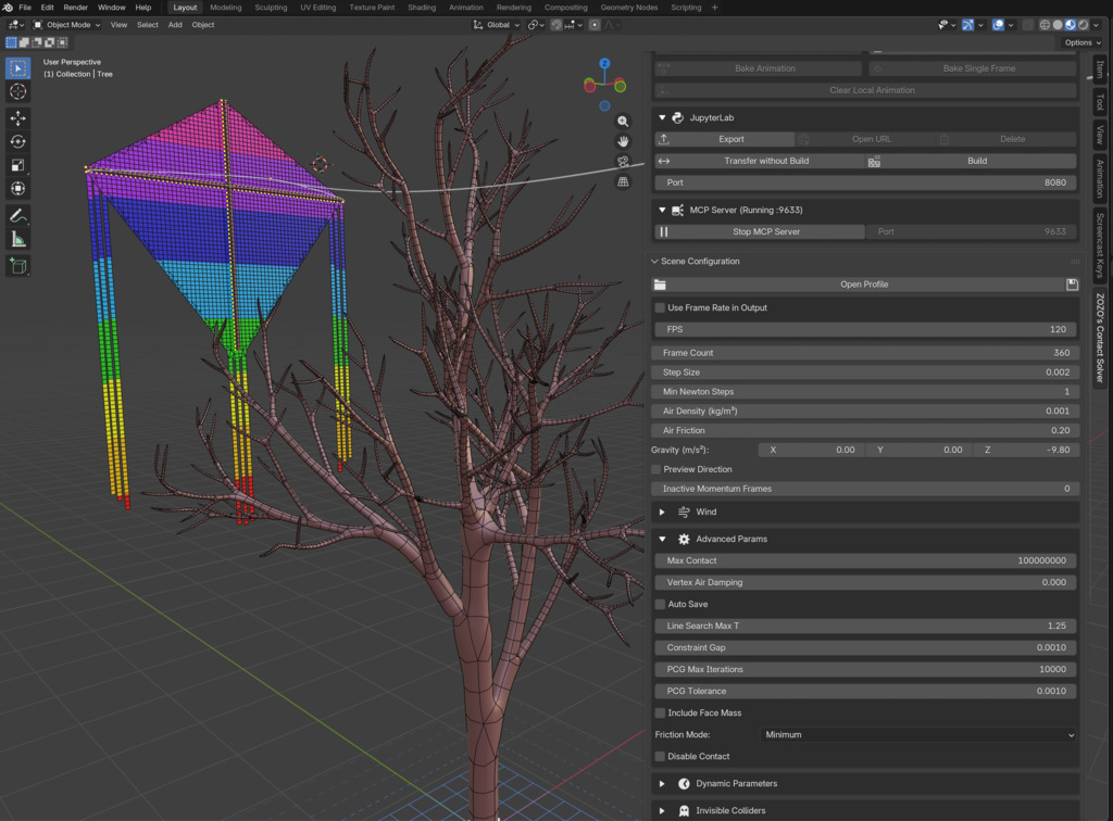 The kite scene set up inside Blender using the add-on.
