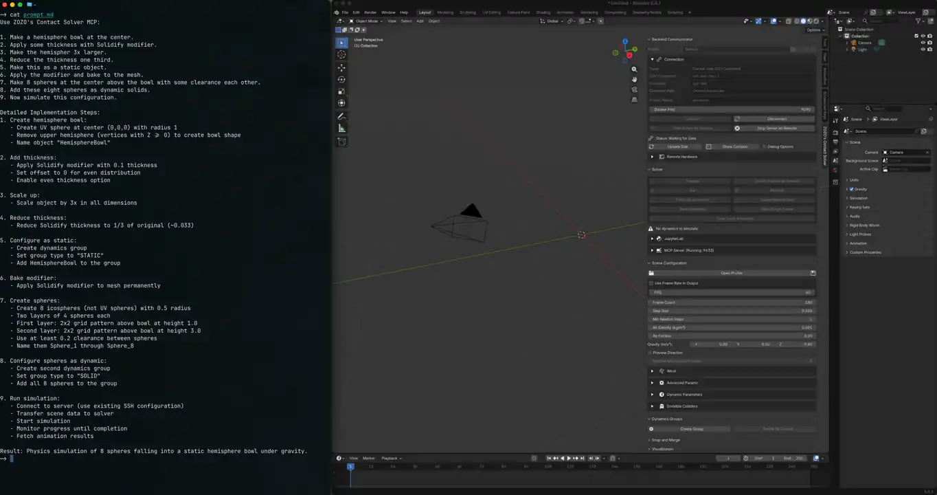 Codex terminal on the left driving Blender on the right through the MCP server, building a bowl-and-spheres scene from a natural language prompt.