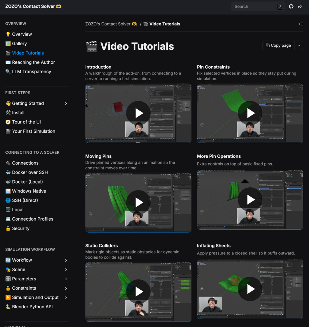 Video Tutorials page on the docs site, showing a grid of recorded walkthroughs.