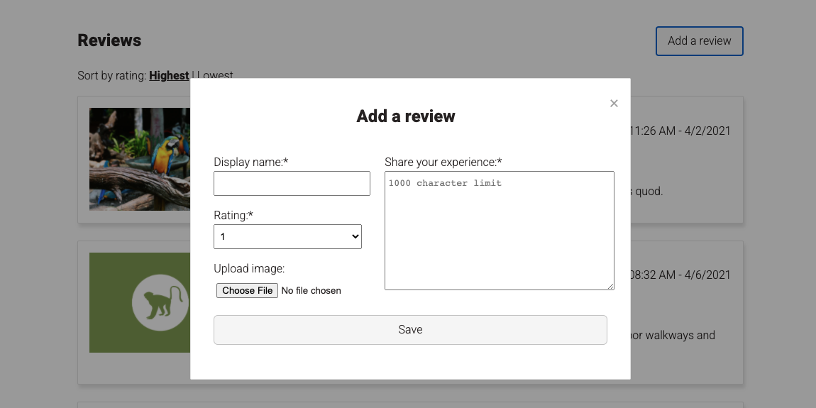 Modal box for saving a new review with areas to add a username, main content, rating and image.
