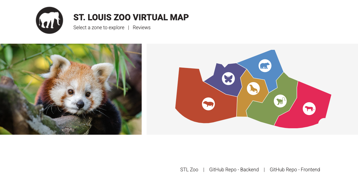 Image of Red Panda beside svg map based on the St. Louis zoo with 6 distinct zones