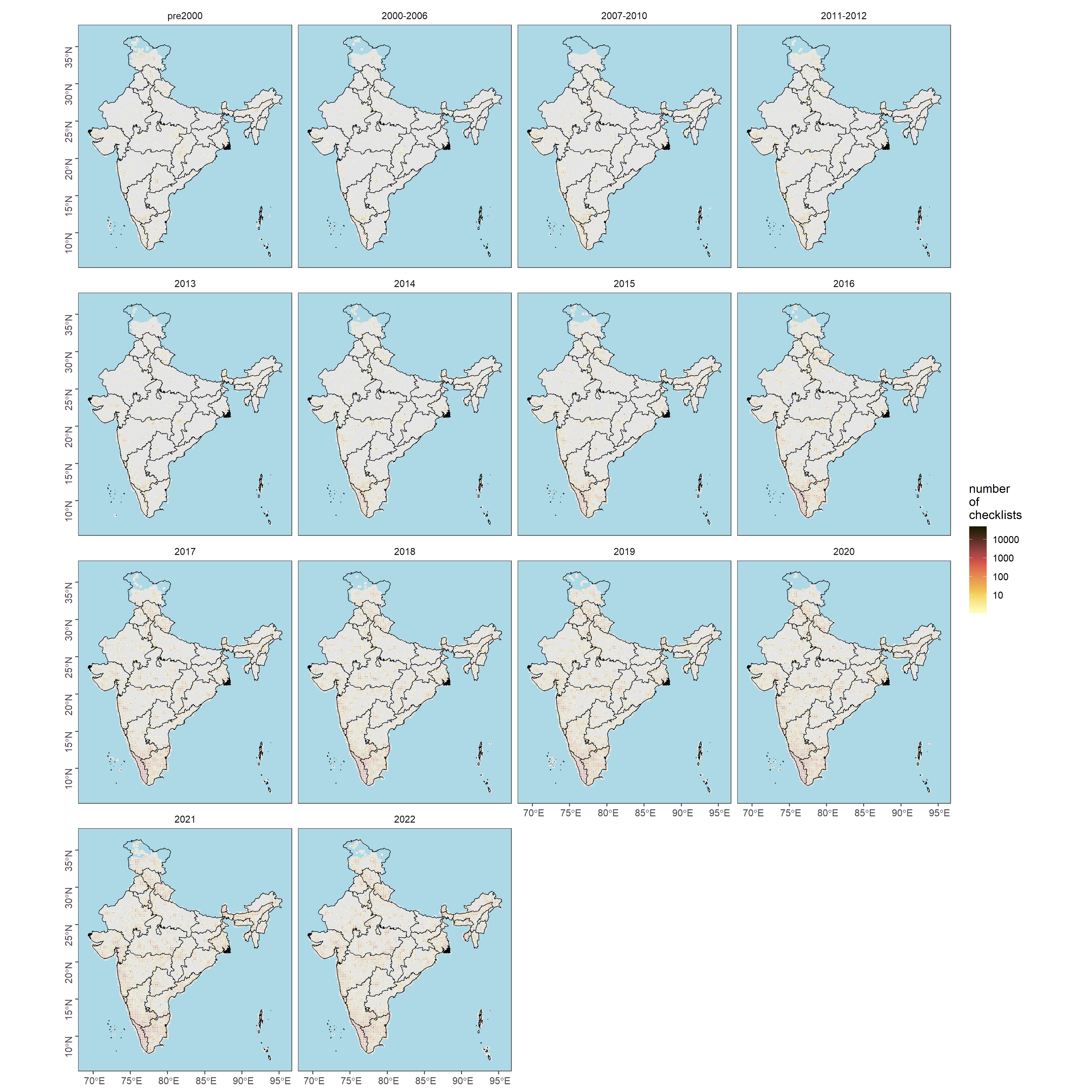 Number of checklists by time period and personal location