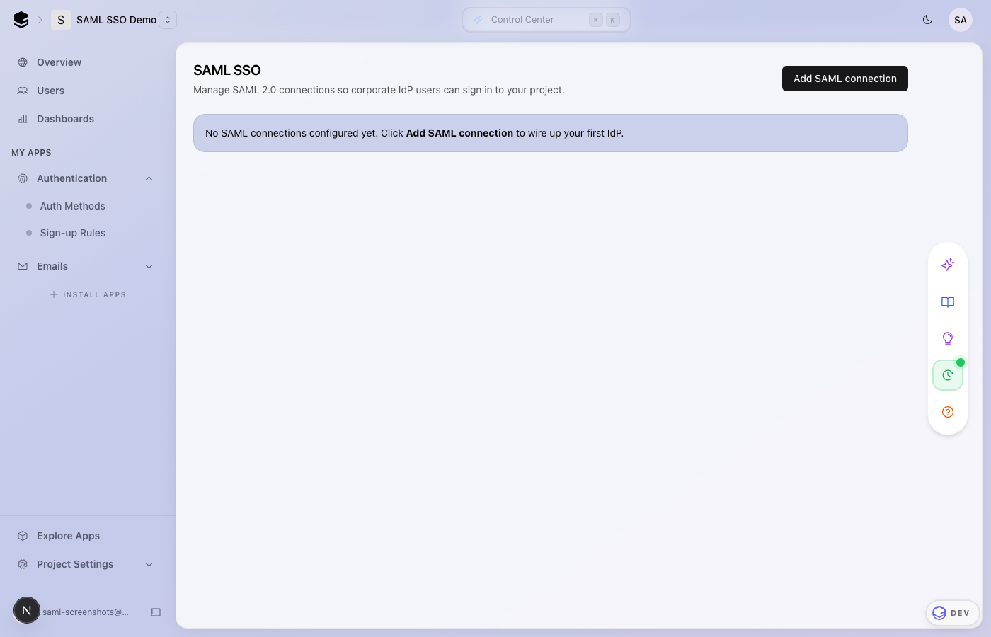 SAML SSO page: empty state