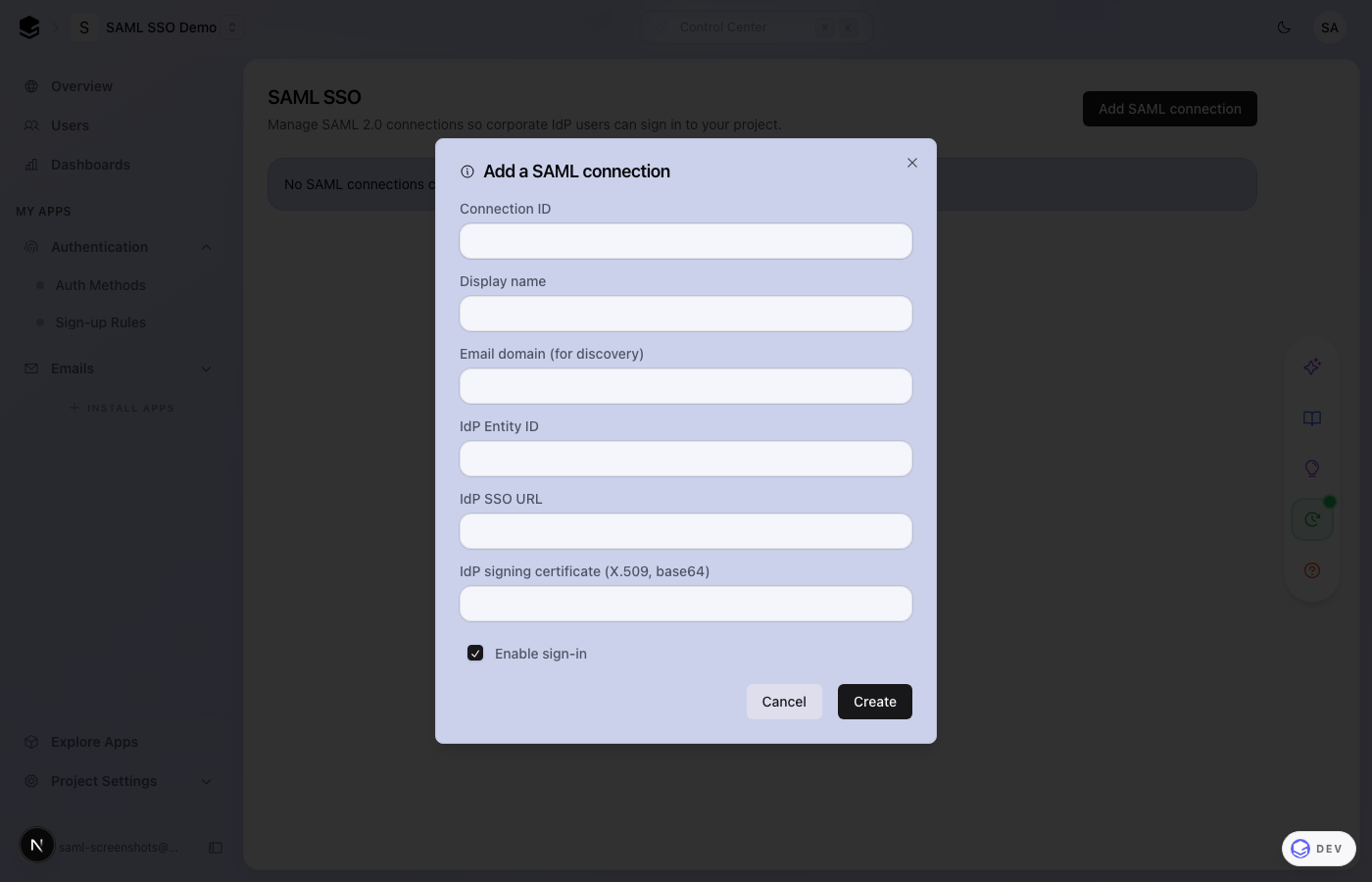 Add SAML connection dialog