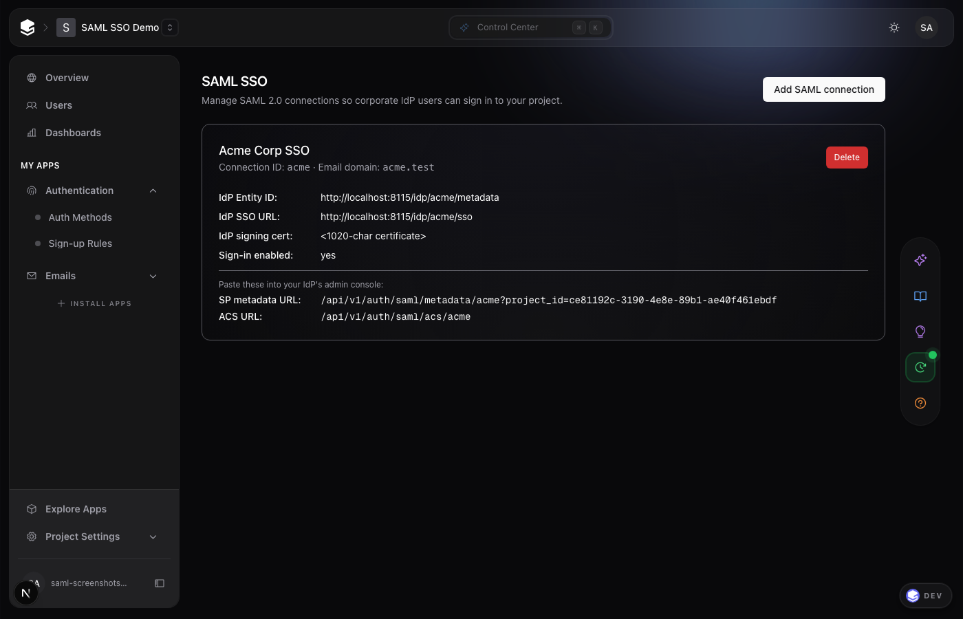SAML SSO page with one connection