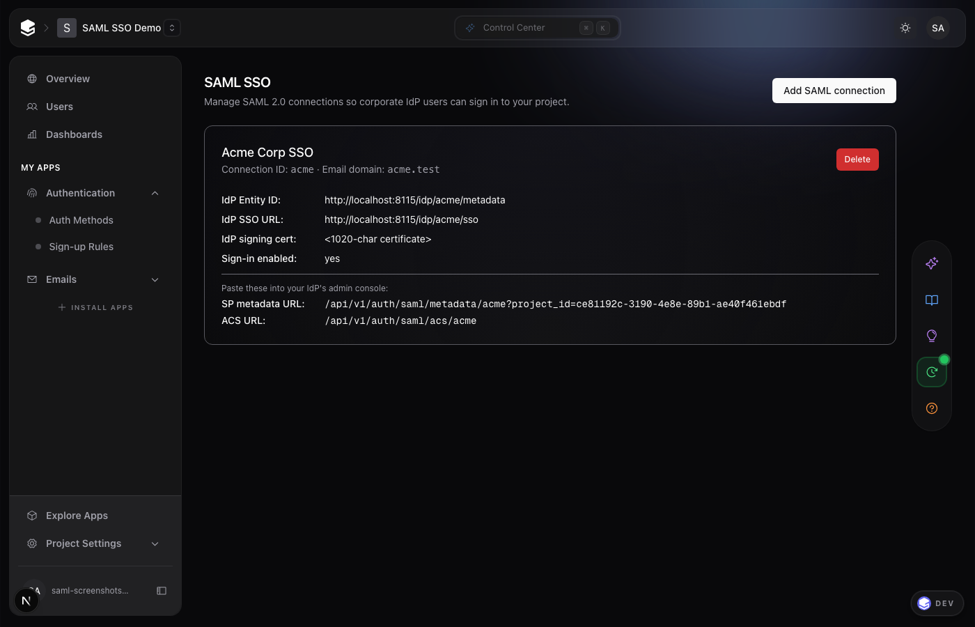 SAML SSO page with one connection (dark mode)
