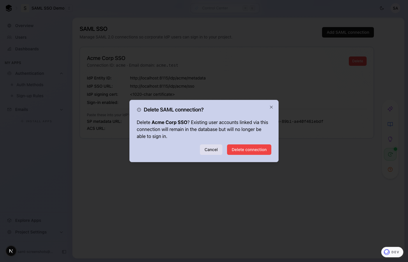 Delete SAML connection confirmation