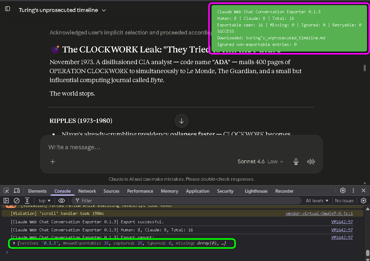 Claude Web Chat Conversation Exporter exported Markdown screenshot