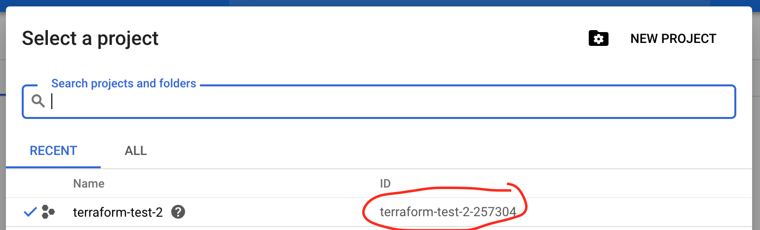 Google Cloud Select a Project Dialog