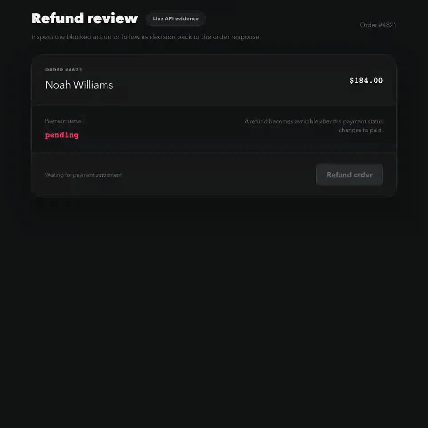 Actual CauseScope demo tracing a disabled React button to its source, state, and API response.
