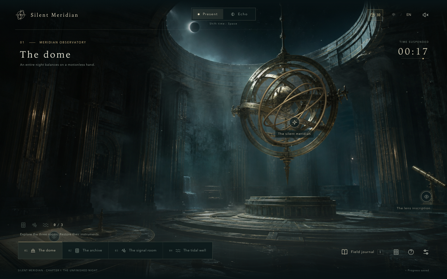 Silent Meridian screenshot: a brass mechanism beneath the moonlit dome of an observatory.