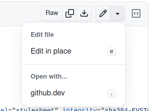 Screenshot: Edit file: Edit in place. Open with... github.dev