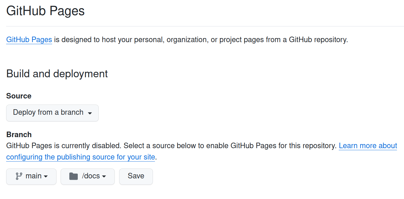 Screenshot of GitHub Pages setting