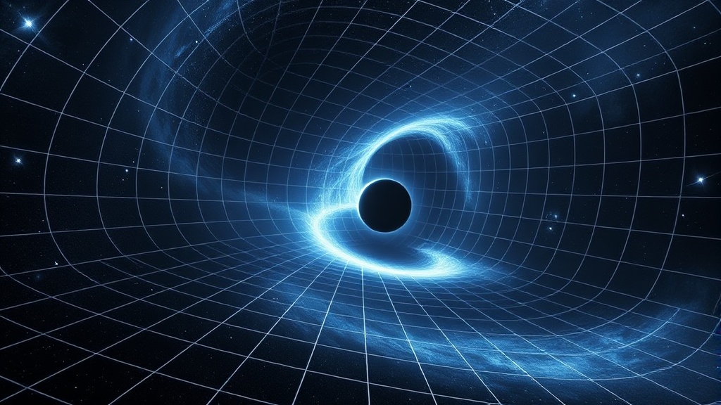 A visual representation of space-time fabric bending around massive objects.