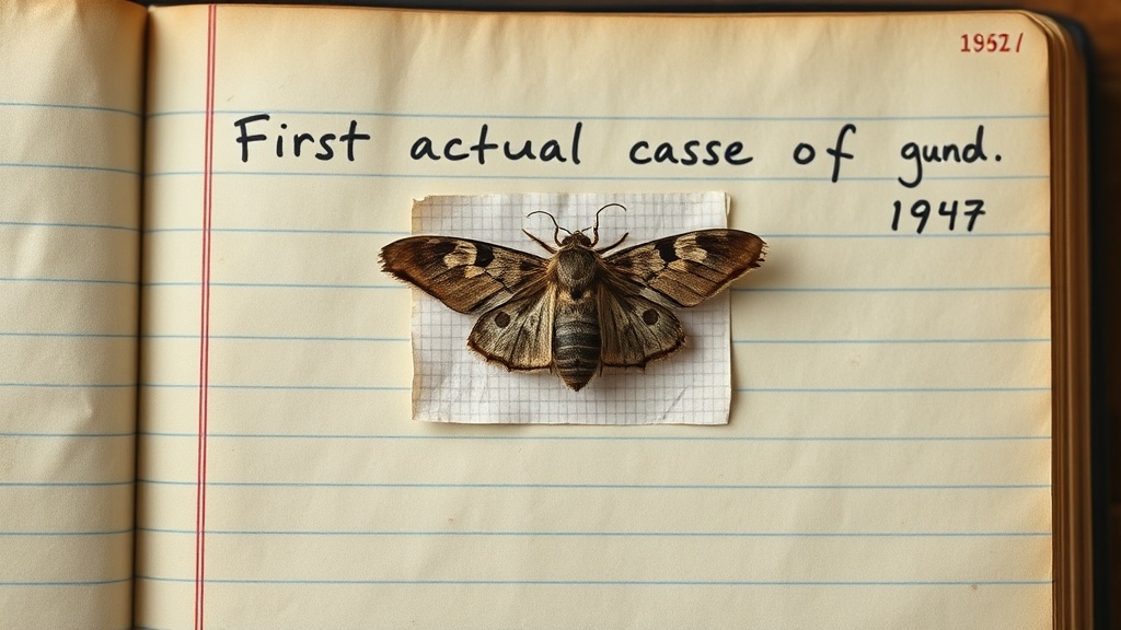 A moth taped to a logbook page from 1947, showing the first recorded 'bug' in a computer.