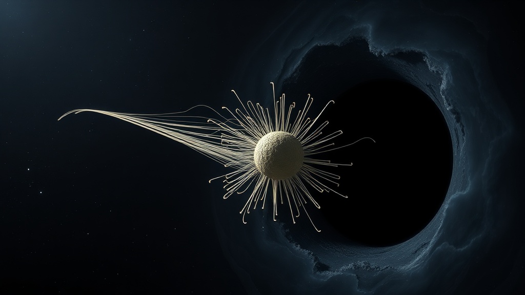 A conceptual visualization of spaghettification near a black hole's event horizon.