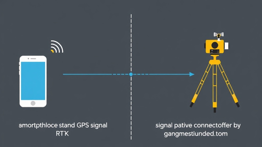 An illustration showing the difference between standard GPS positioning and high-precision RTK (Real-Time Kinematic) correction involving ground-based reference stations.