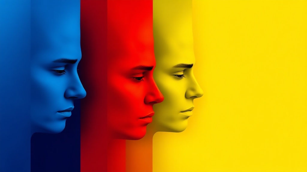 Abstract illustration of emotional spectrum showing various colors representing different human emotions, contrasting with a single forced bright yellow color.