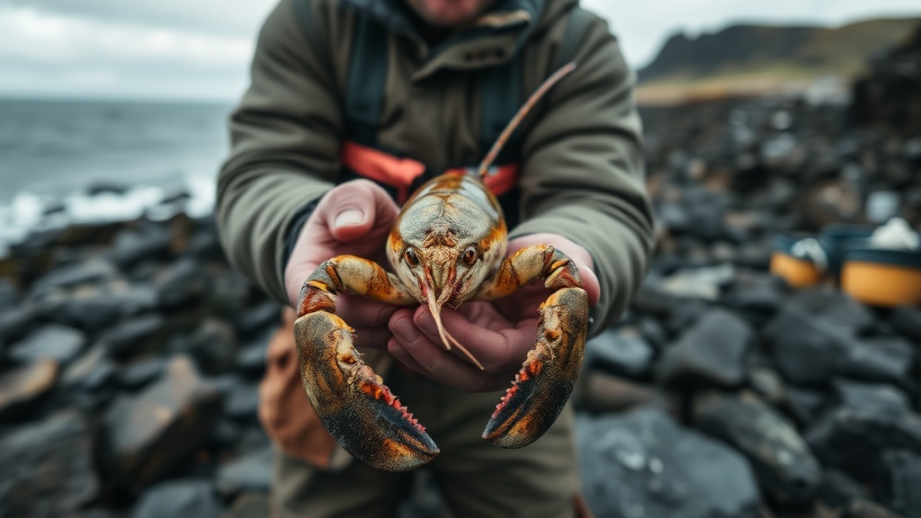 A local fisherman holding a Tristan lobster on the rocky coast of the island.