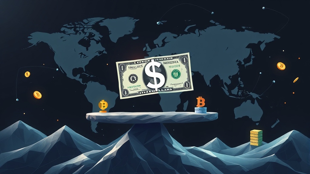 A visualization of the concept of 'dedollarization' with traditional currency symbols and digital currency icons, illustrating the shifting global financial landscape.