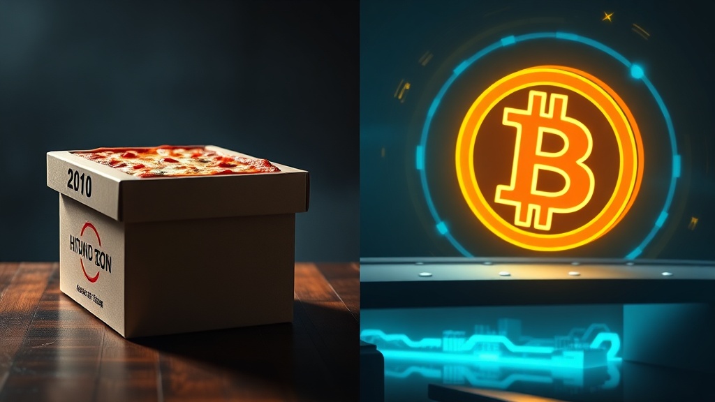 Bitcoin'in 2010'dan günümüze olan gelişimini ve pizza hikayesinin kültürel etkisini simgeleyen sanatsal çalışma.