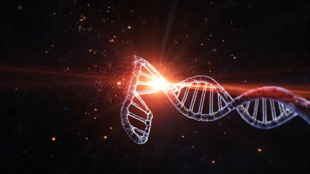 Scientific visualization of DNA damage caused by cosmic radiation in a space environment.