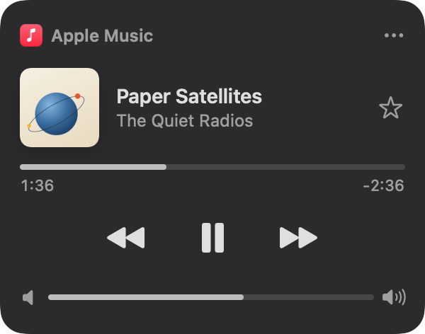NowBar's Compact layout in dark mode: a small cover next to the title, the progress bar, transport buttons and the volume row