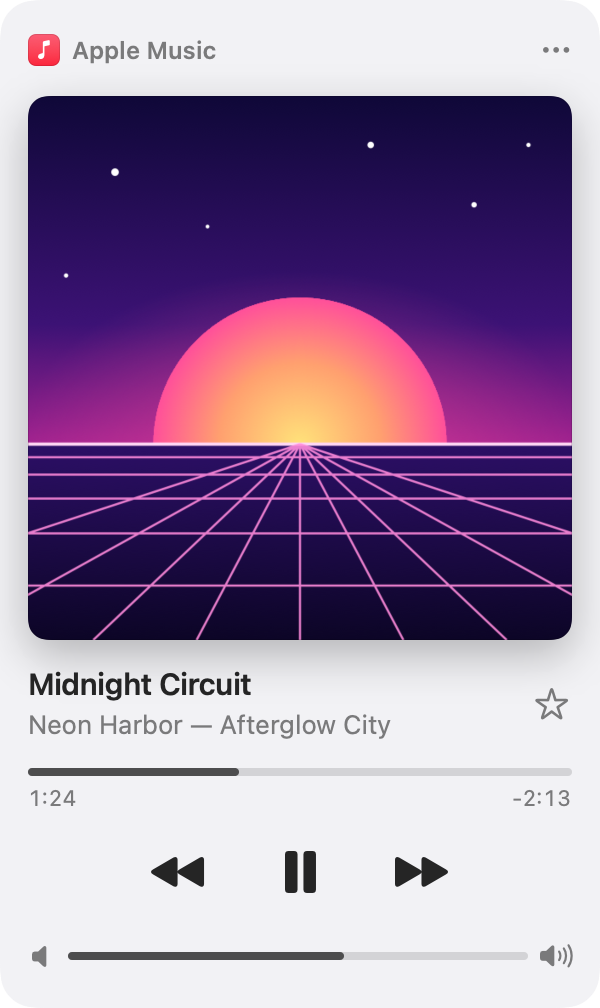NowBar's Large Artwork layout in light mode: cover art, title and artist, a star, the progress bar, previous, pause and next buttons, and the volume row
