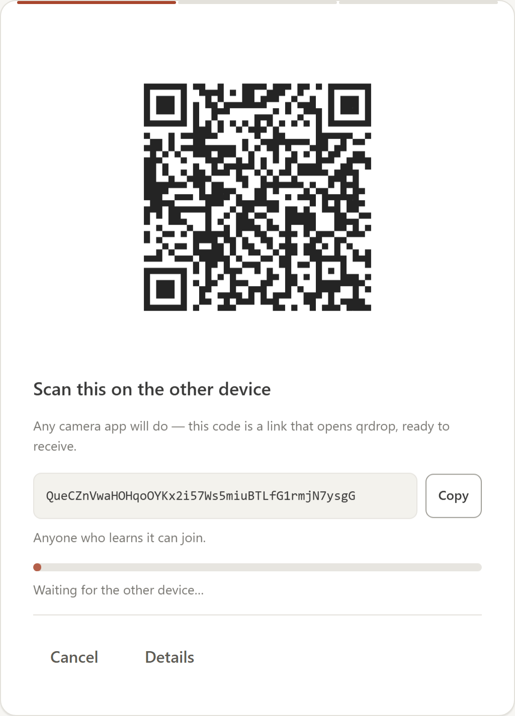 The send screen: a QR code, the pairing code as text with a Copy button, and a line explaining that any camera app can open it.